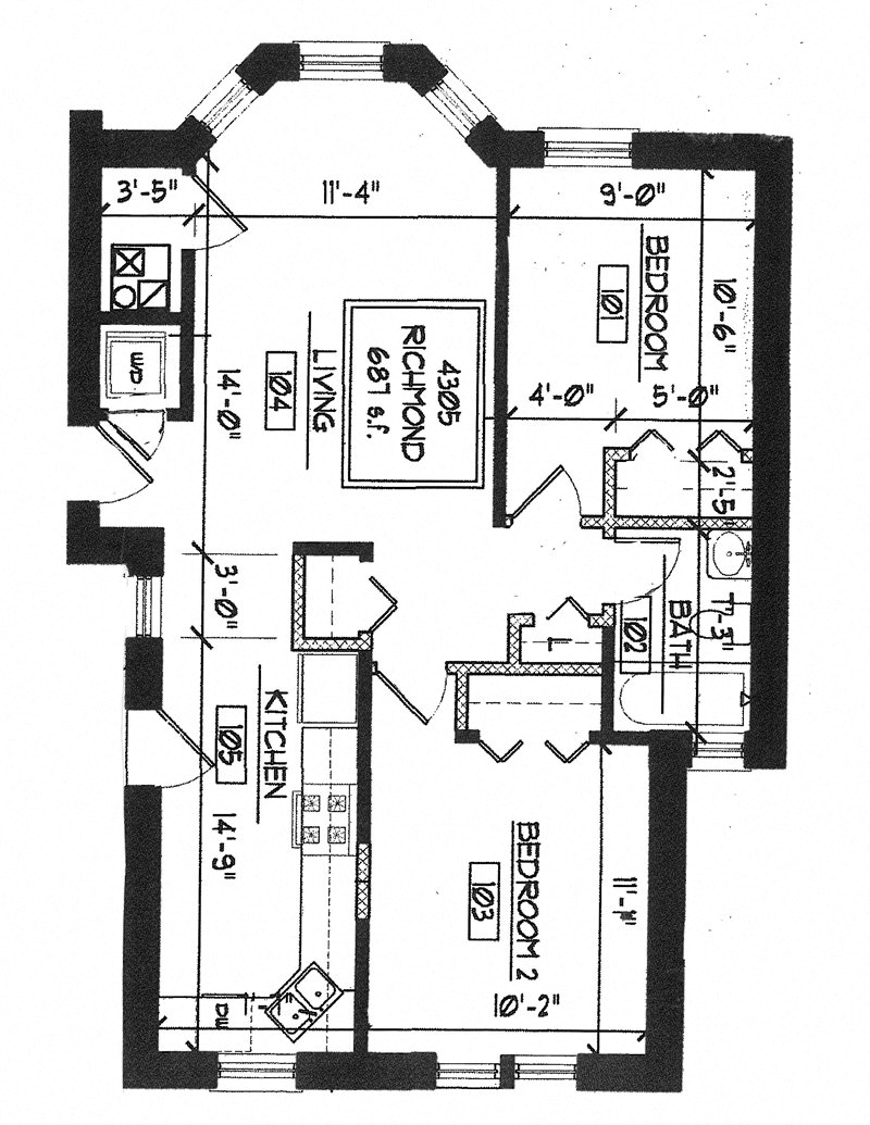 Floor plan for 2 beds, 1 bath, 1000 sqft